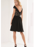 Portrait Neckline Black Lace Chiffon V Back Short Bridesmaid Dress